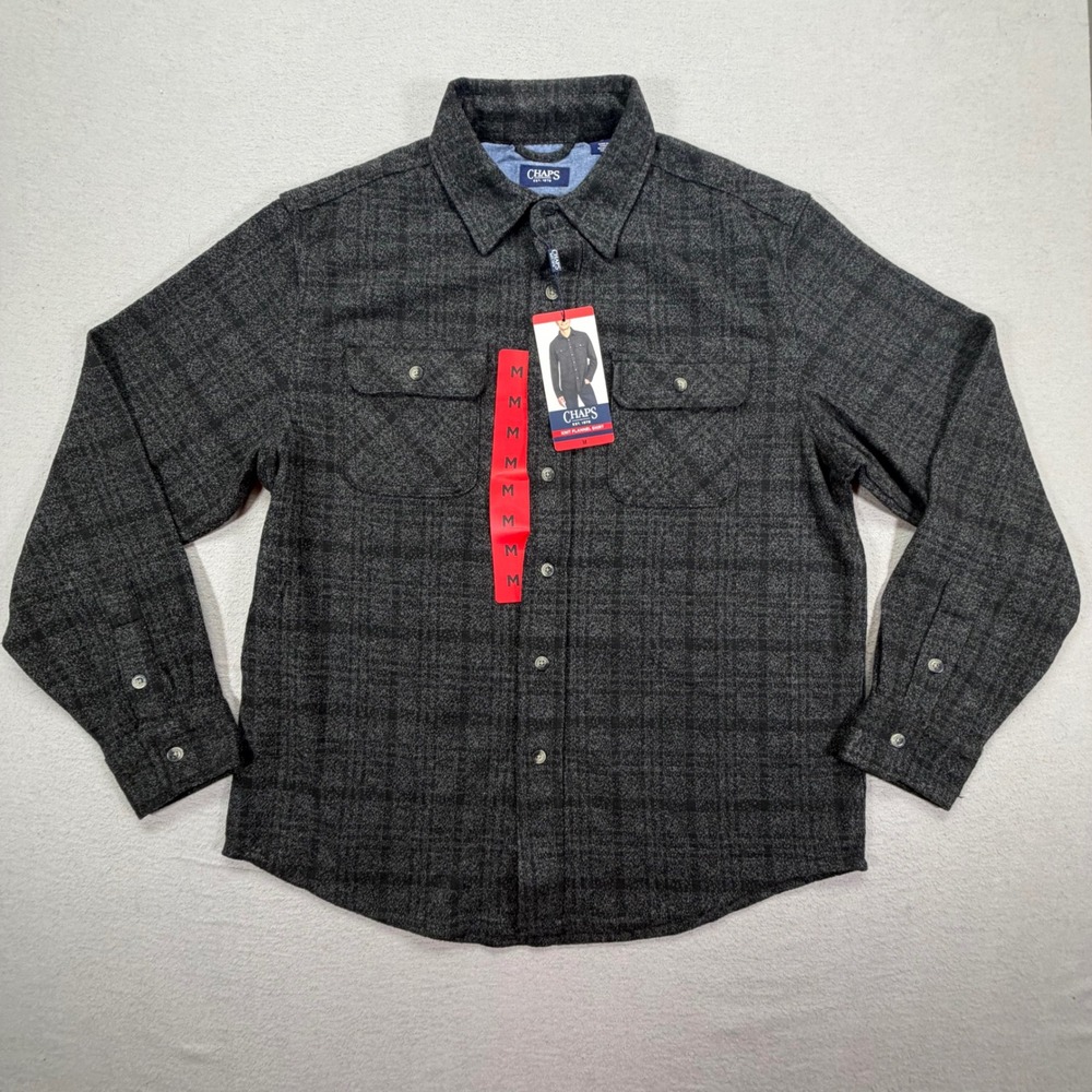 Chaps Mens Knit Flannel Shirt NWT Regular Fit Charcoal Plaid Button Up Size M